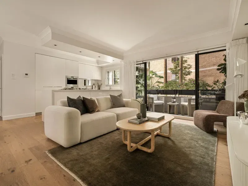 Renovated living room of the Elizabeth Bay apartment secured by LN Property Buyers, the Sydney buyers agency of Laura Nocera and Luis Lequerica
