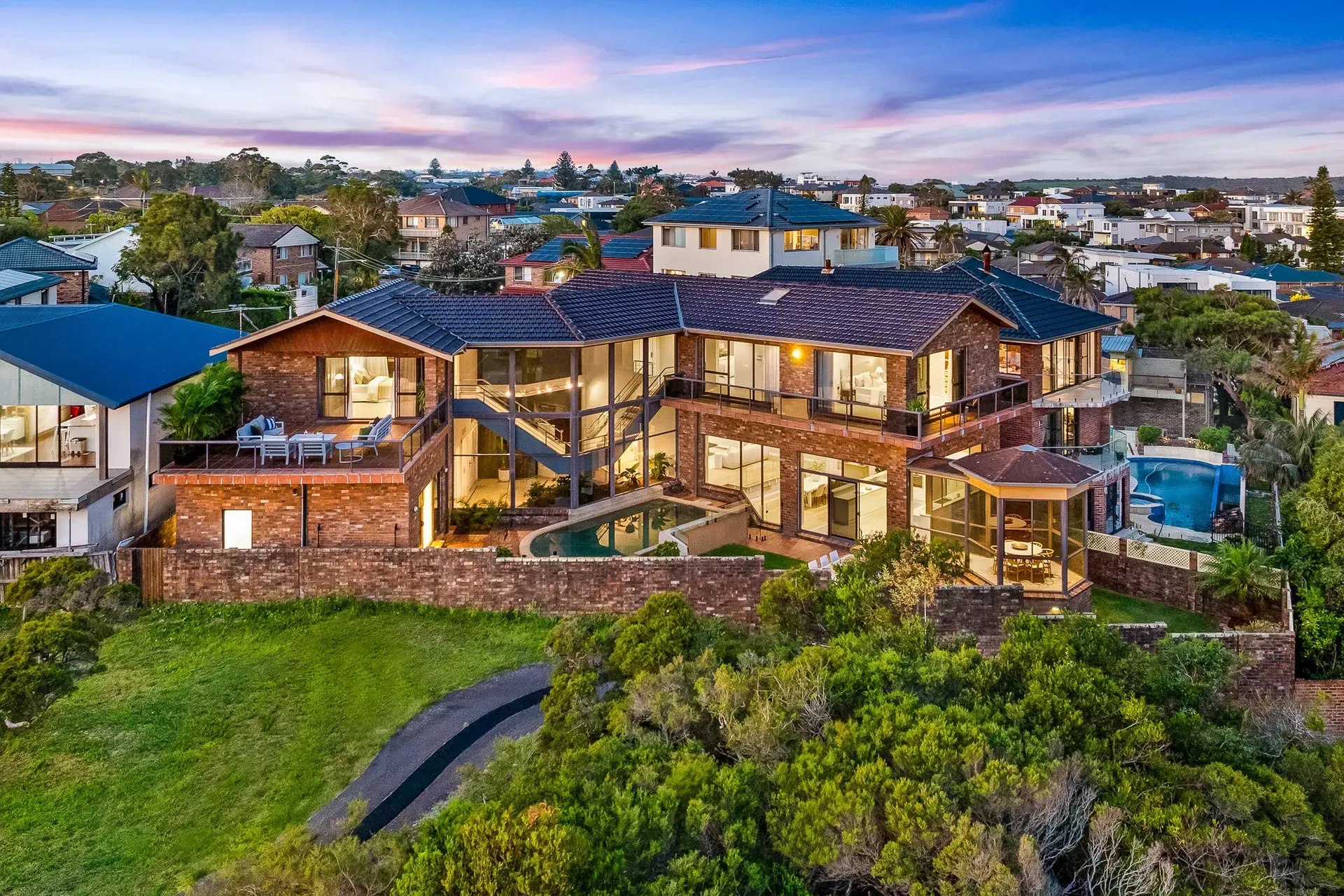 Aerial view at dusk of the Malabar home secured by LN Property Buyers, the Sydney buyers agency of Laura Nocera and Luis Lequerica